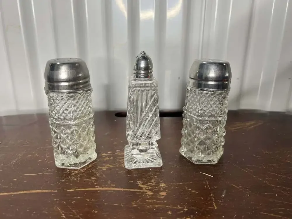 Vintage Cut Crystal Salt and Pepper Shakers Set with Metal Tops Made in Japan